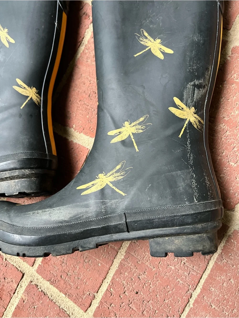 Joules Women’s Welly Black Rain boots with Gold Dragonflies size 9